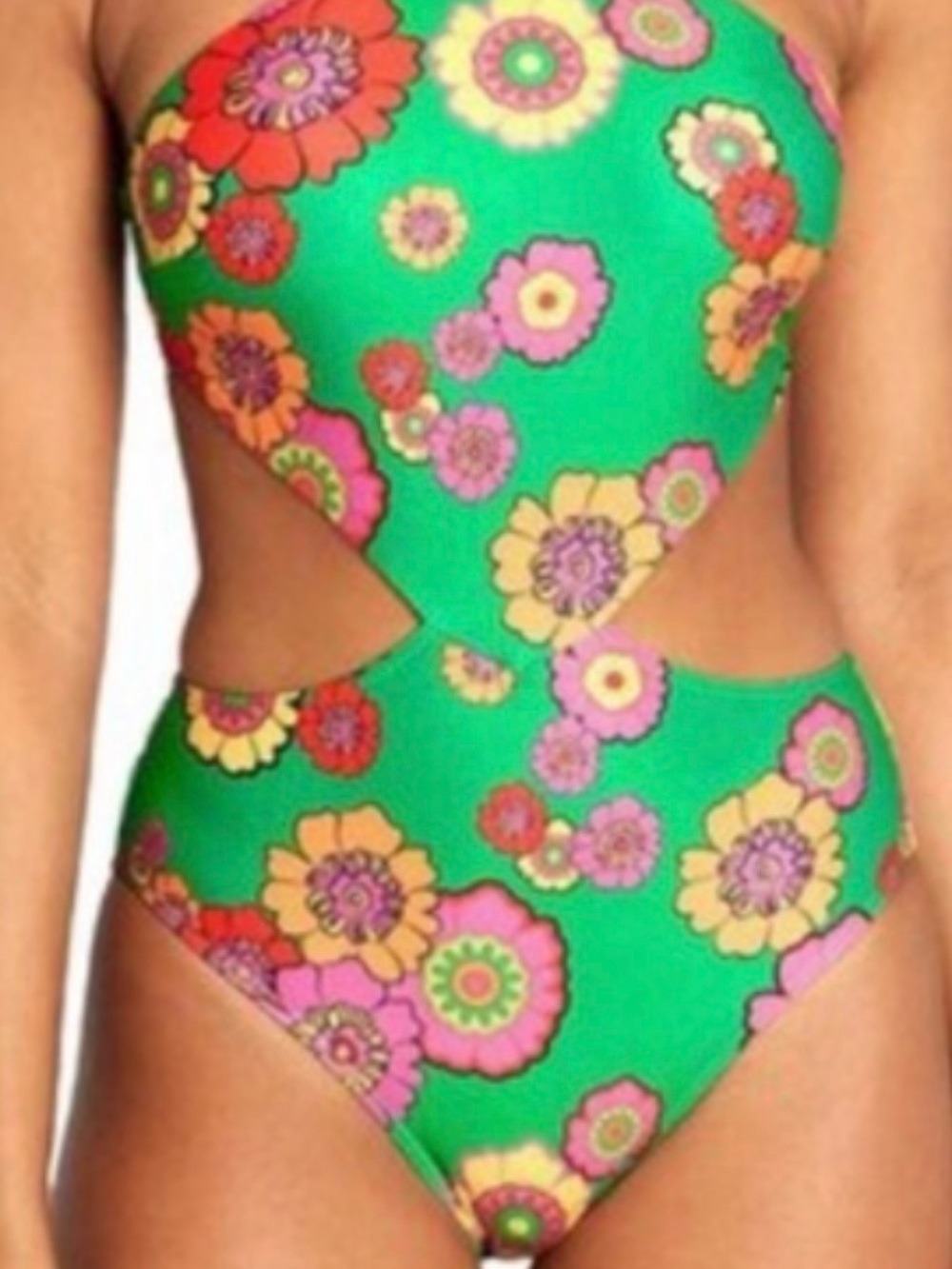 Modcloth Green Floral Cutout Bandeau One-Piece Swimsuit